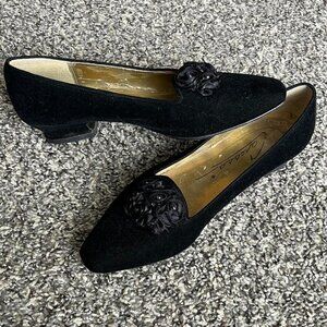 Vintage Velvet Kitten Heel Shoes Womens 8.5 Embellished Rose Coquette Whimsigoth